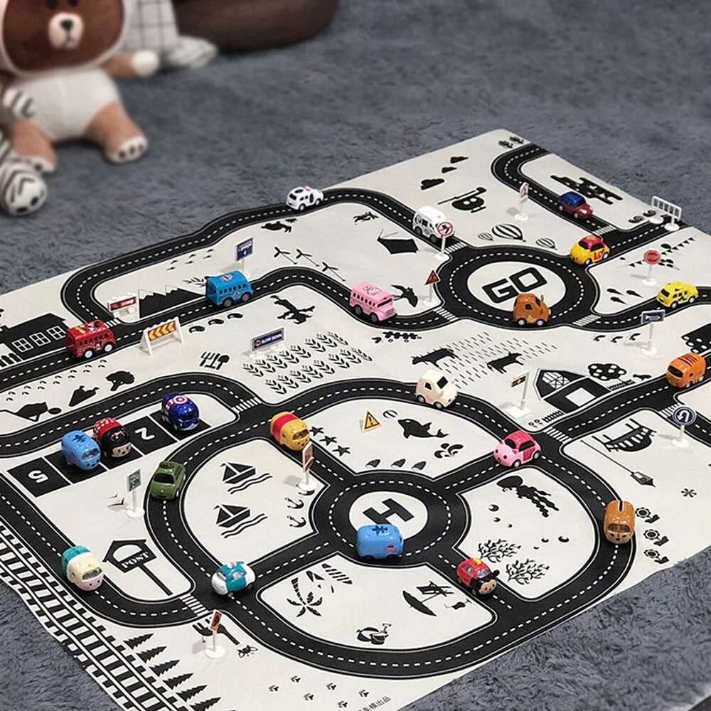 Covor copii cu traseu auto, mașini, drumuri, 130 x 100 cm, circuit cu semne de circulație incluse, impermeabil 2