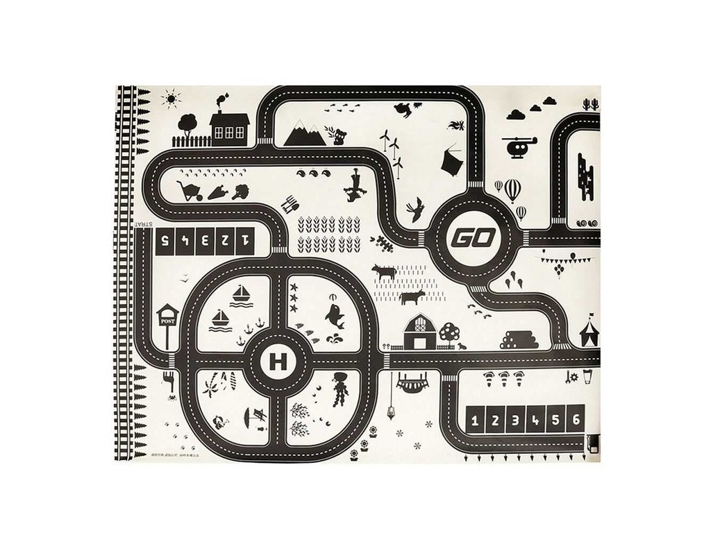 Covor copii cu traseu auto, mașini, drumuri, 130 x 100 cm, circuit cu semne de circulație incluse, impermeabil