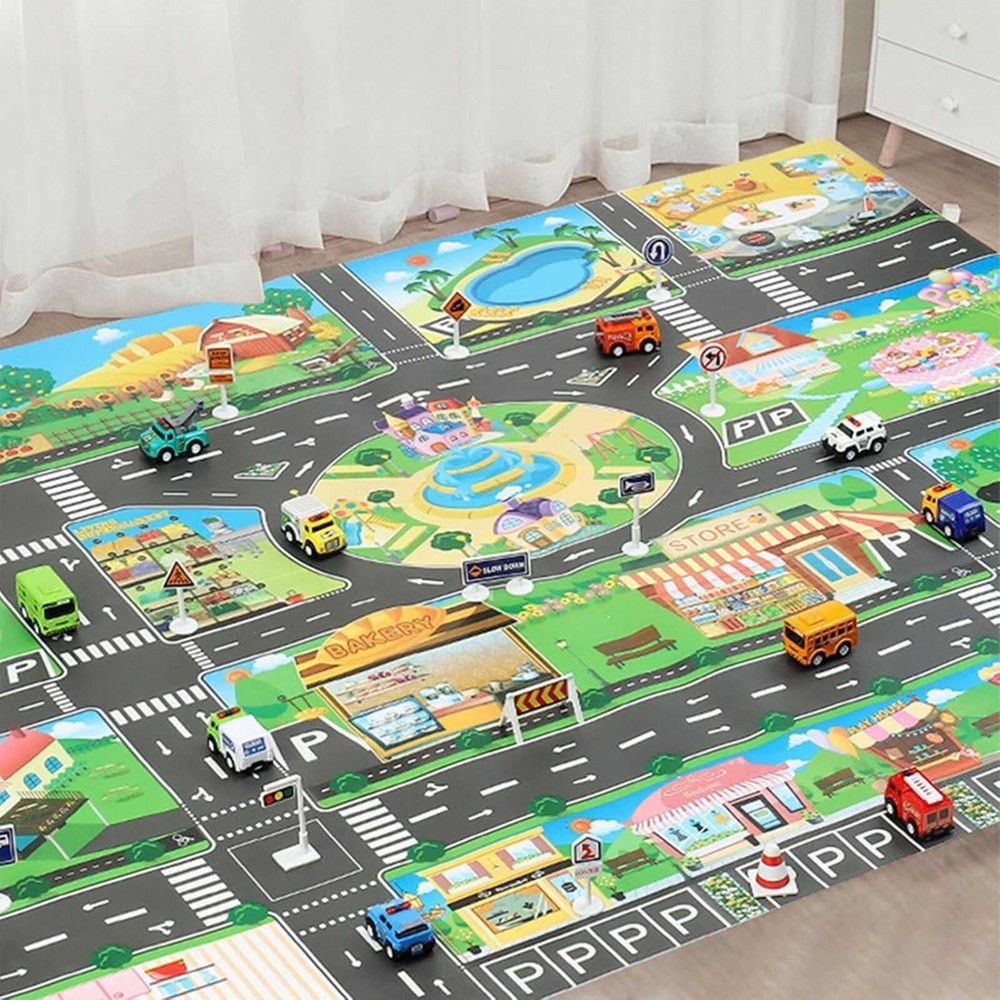 Covor copii cu traseu auto pentru mașini, drumuri, 130 x 100 cm, color, circuit cu semne de circulație incluse, impermeabil 2