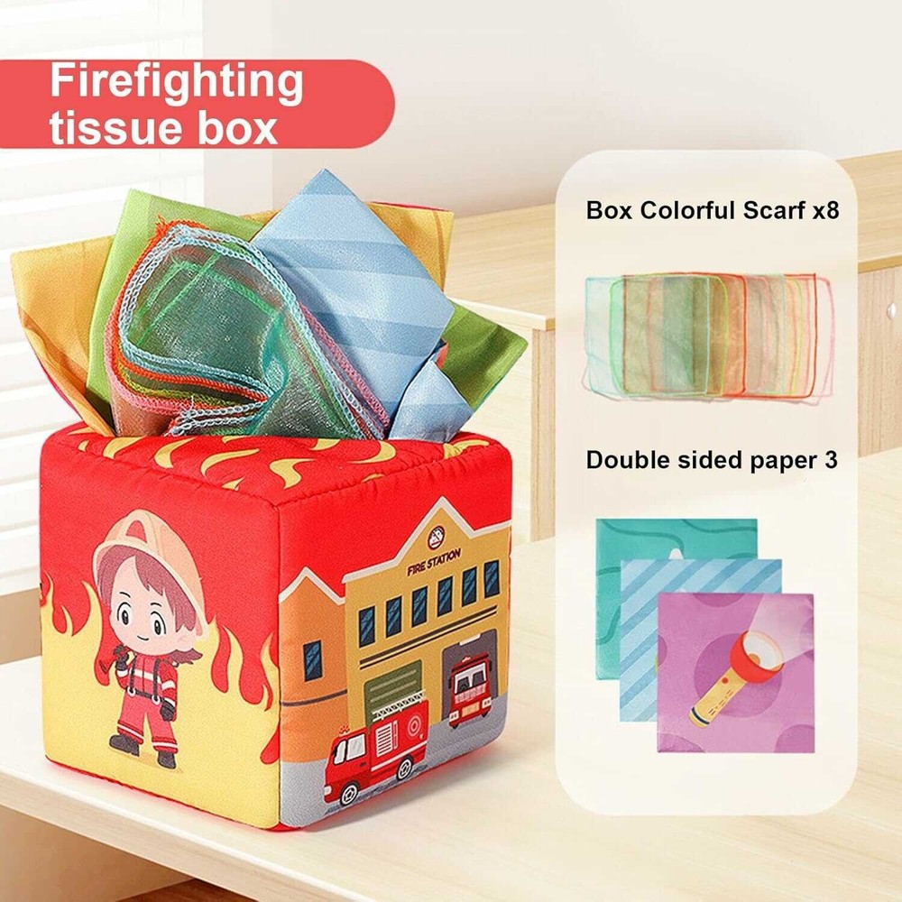 Cub textil, cutie cu șervețele, jucărie bebeluși, Pompieri 5