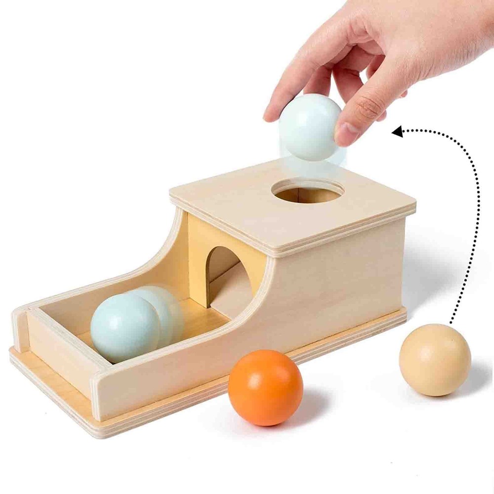 Cutia permanenței cu 3 bile colorate, din lemn, Jucărie educativă Montessori, 24 x 12 x 8.5 cm, 1 an+ 5