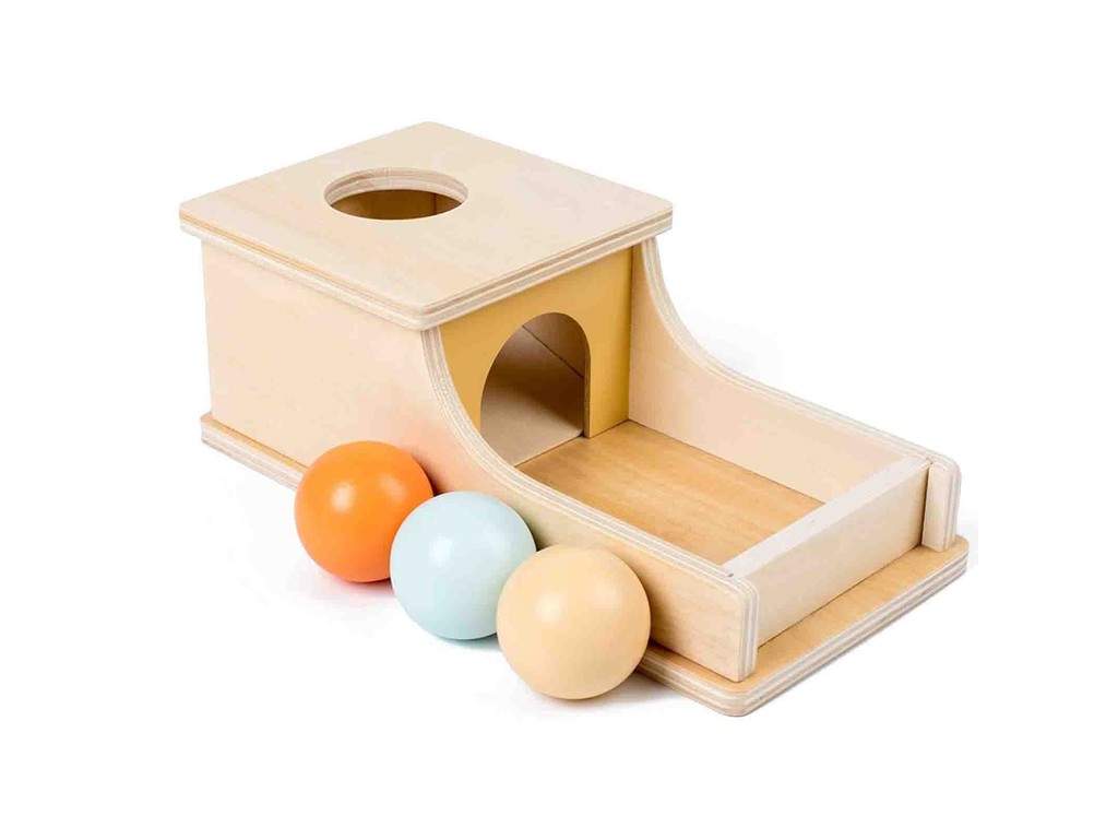 Cutia permanenței cu 3 bile colorate, din lemn, Jucărie educativă Montessori, 24 x 12 x 8.5 cm, 1 an+