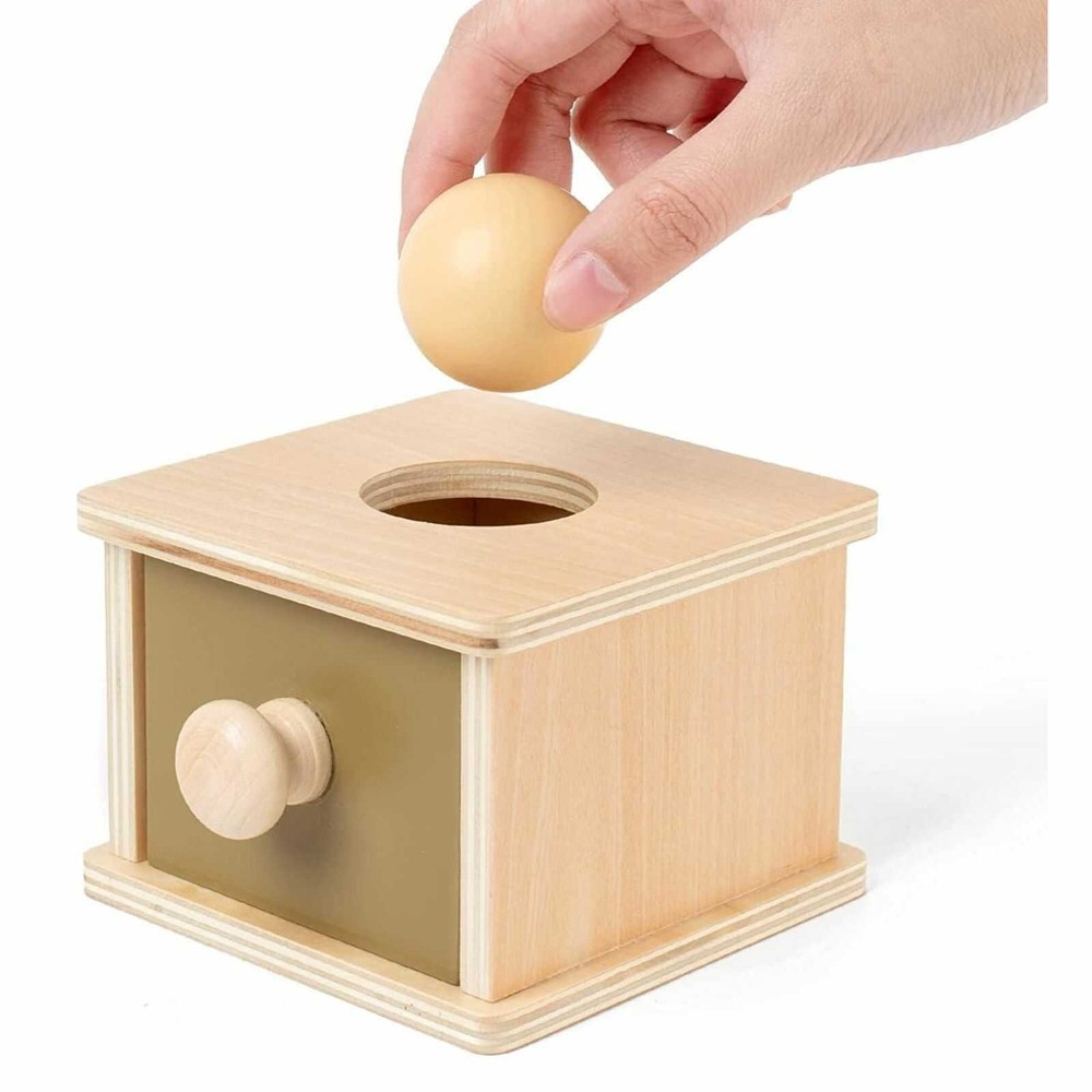 Cutia permanenței cu bilă și sertar, Joc Educativ Montessori din lemn, 11 x 12.5 x 8 cm 2