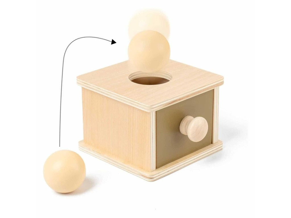 Cutia permanenței cu bilă și sertar, Joc Educativ Montessori din lemn, 11 x 12.5 x 8 cm