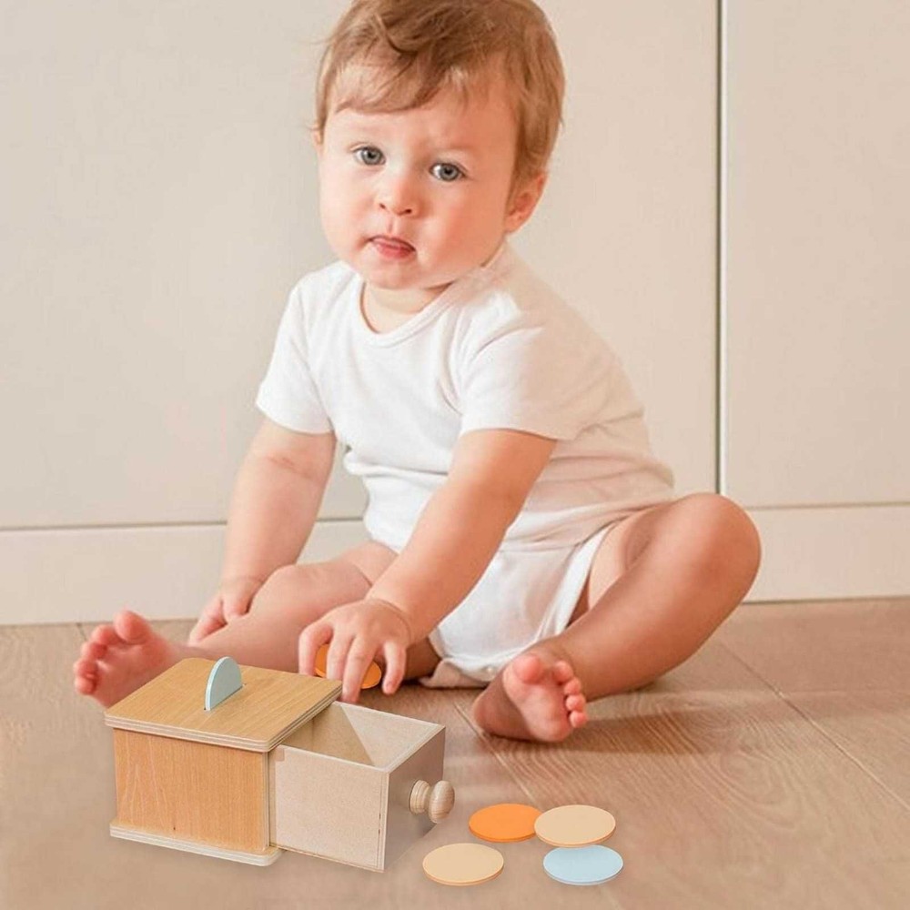 Cutia permanenței cu sertar și 6 discuri colorate, Jucărie Educativă Montessori din lemn, 11 x 12.5 x 8 cm 11
