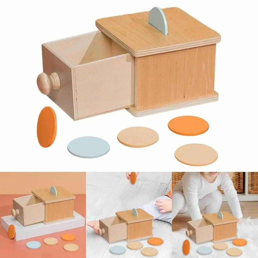 Cutia permanenței cu sertar și 6 discuri colorate, Jucărie Educativă Montessori din lemn, 11 x 12.5 x 8 cm 2
