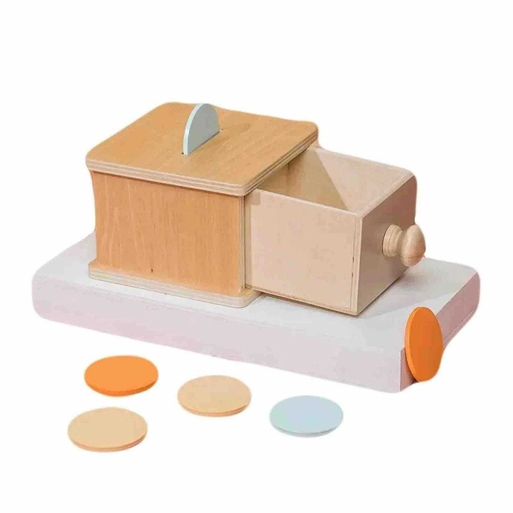 Cutia permanenței cu sertar și 6 discuri colorate, Jucărie Educativă Montessori din lemn, 11 x 12.5 x 8 cm 3