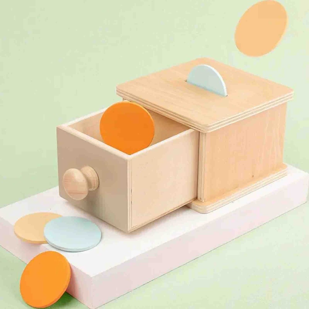 Cutia permanenței cu sertar și 6 discuri colorate, Jucărie Educativă Montessori din lemn, 11 x 12.5 x 8 cm 7