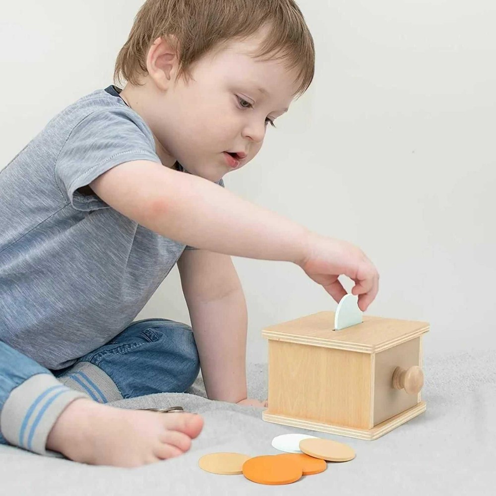 Cutia permanenței cu sertar și 6 discuri colorate, Jucărie Educativă Montessori din lemn, 11 x 12.5 x 8 cm 8
