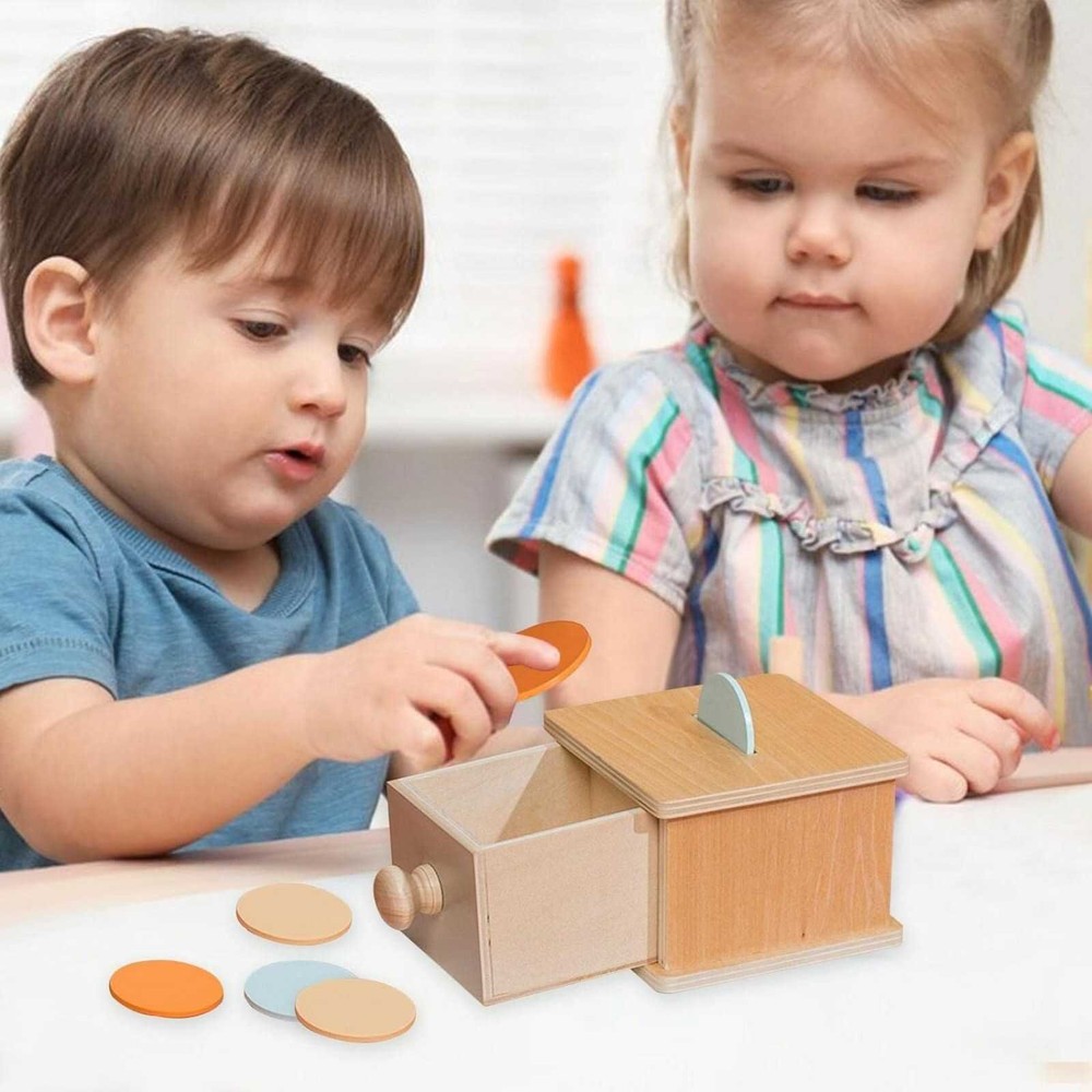 Cutia permanenței cu sertar și 6 discuri colorate, Jucărie Educativă Montessori din lemn, 11 x 12.5 x 8 cm 9