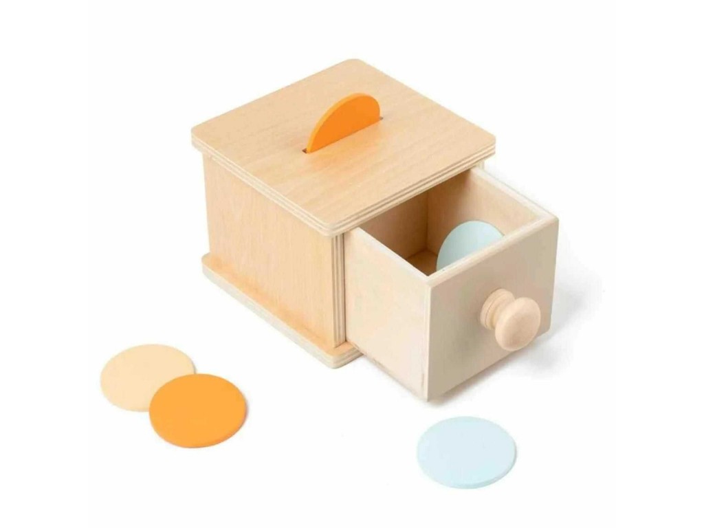 Cutia permanenței cu sertar și 6 discuri colorate, Jucărie Educativă Montessori din lemn, 11 x 12.5 x 8 cm