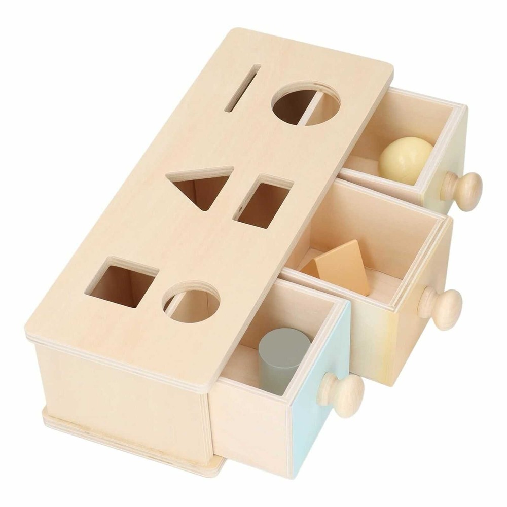 Cutia permanenței cu sortator de forme geometrice și 3 sertare, Jucărie Montessori din lemn, 12.5 x 18.2 x 8.2 cm 11