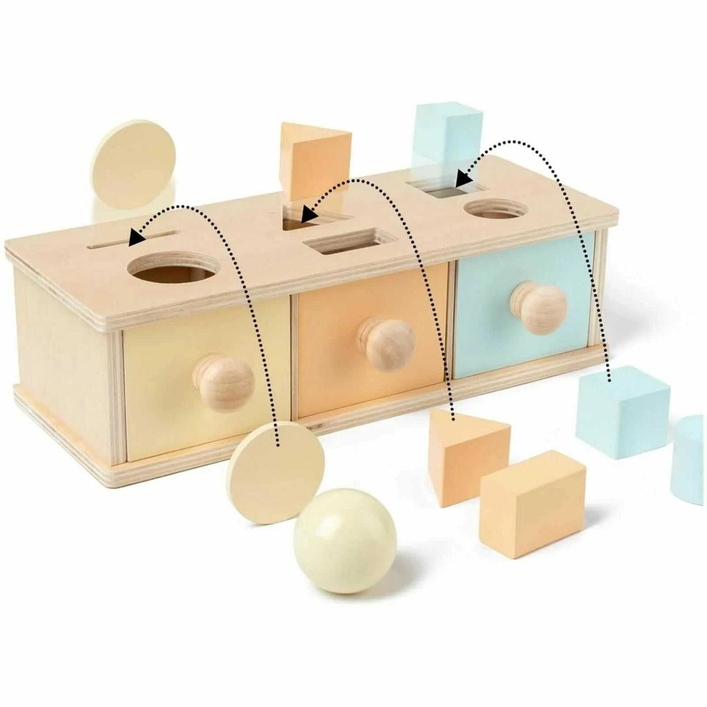 Cutia permanenței cu sortator de forme geometrice și 3 sertare, Jucărie Montessori din lemn, 12.5 x 18.2 x 8.2 cm 2