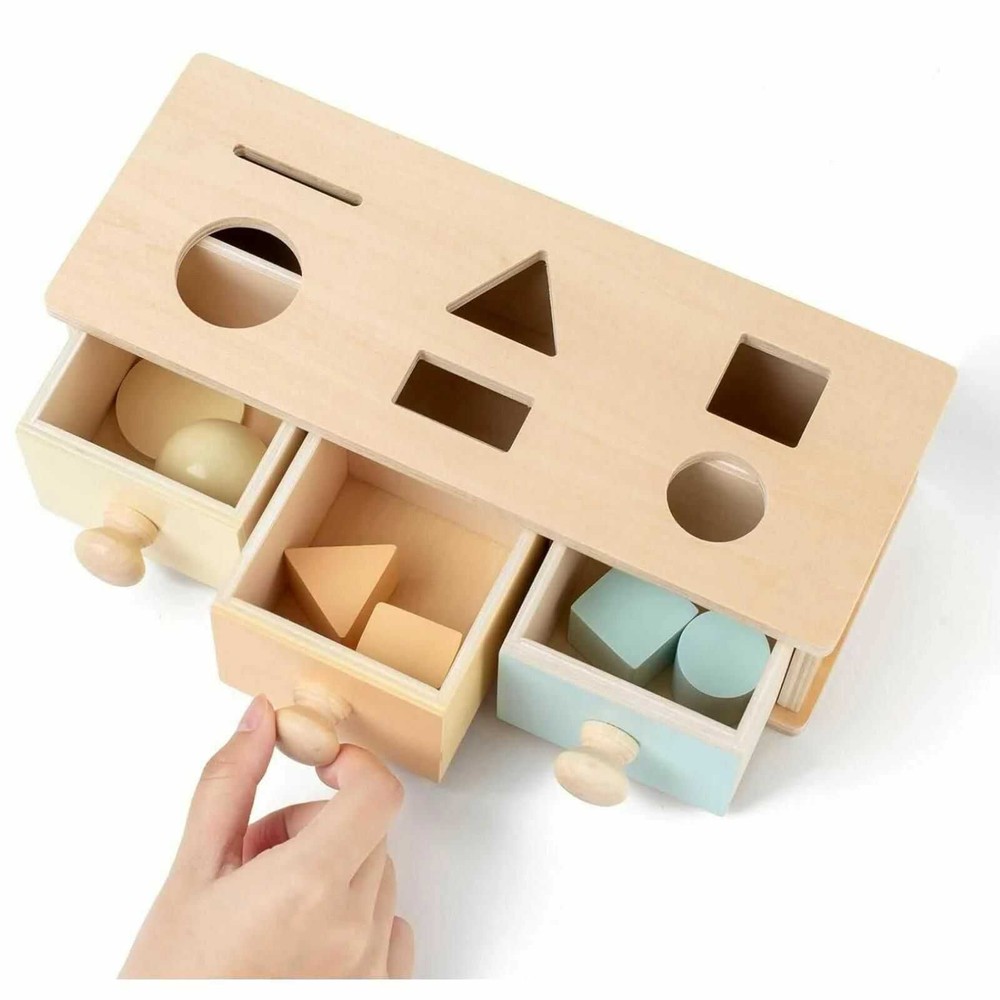 Cutia permanenței cu sortator de forme geometrice și 3 sertare, Jucărie Montessori din lemn, 12.5 x 18.2 x 8.2 cm 3