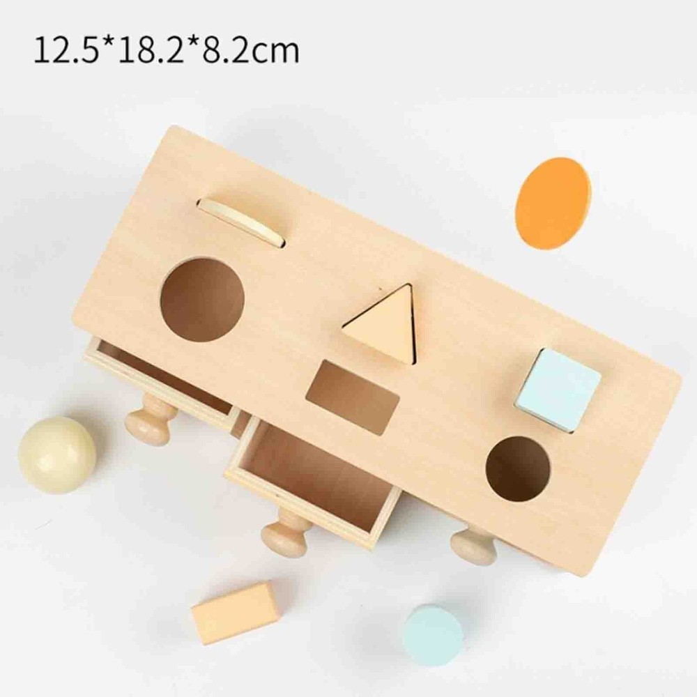 Cutia permanenței cu sortator de forme geometrice și 3 sertare, Jucărie Montessori din lemn, 12.5 x 18.2 x 8.2 cm 4