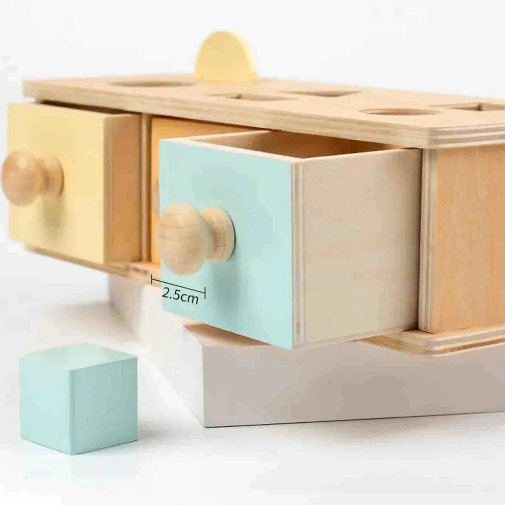 Cutia permanenței cu sortator de forme geometrice și 3 sertare, Jucărie Montessori din lemn, 12.5 x 18.2 x 8.2 cm 5