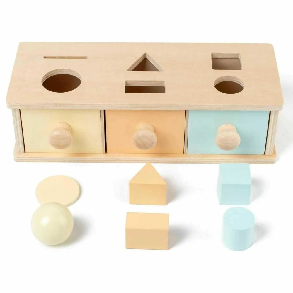 Cutia permanenței cu sortator de forme geometrice și 3 sertare, Jucărie Montessori din lemn, 12.5 x 18.2 x 8.2 cm 6
