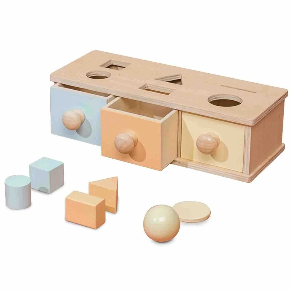 Cutia permanenței cu sortator de forme geometrice și 3 sertare, Jucărie Montessori din lemn, 12.5 x 18.2 x 8.2 cm 7