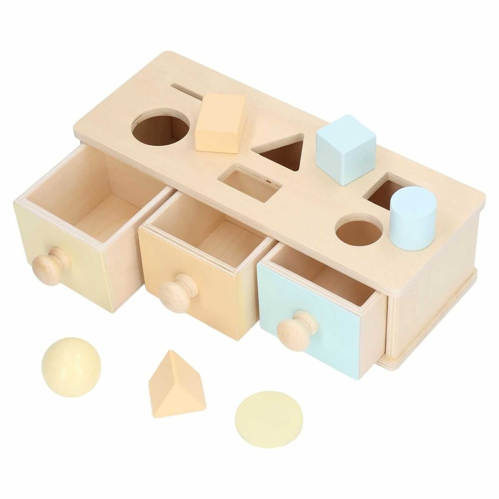 Cutia permanenței cu sortator de forme geometrice și 3 sertare, Jucărie Montessori din lemn, 12.5 x 18.2 x 8.2 cm 8