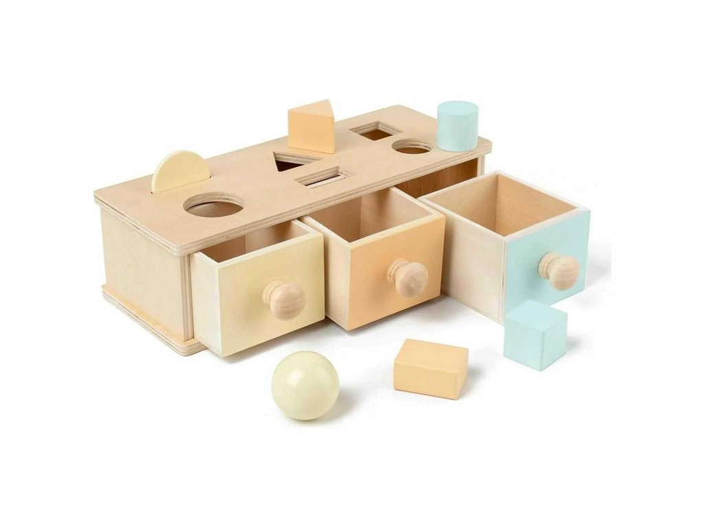 Cutia permanenței cu sortator de forme geometrice și 3 sertare, Jucărie Montessori din lemn, 12.5 x 18.2 x 8.2 cm