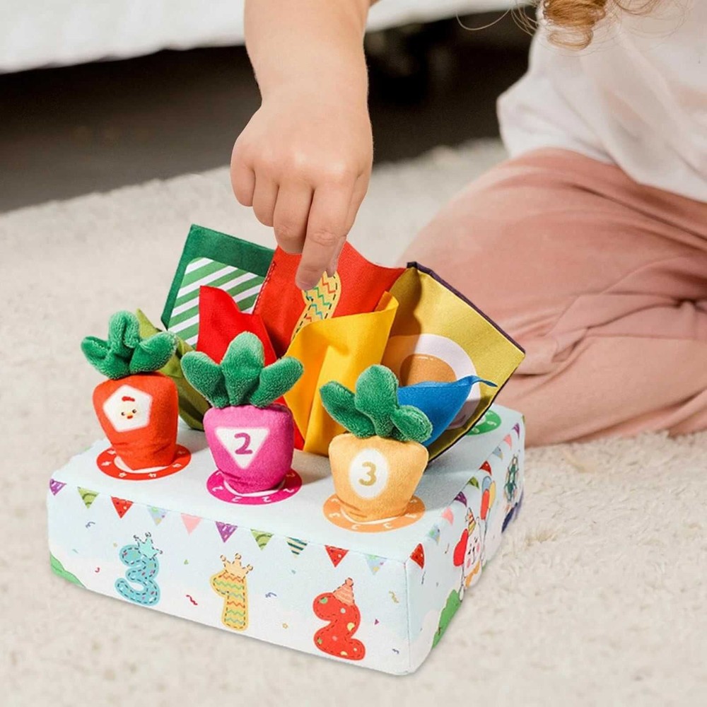 Cutie senzorială bebeluși cu șervețele și morcovi textili, jucărie educativă motricitate fină 2