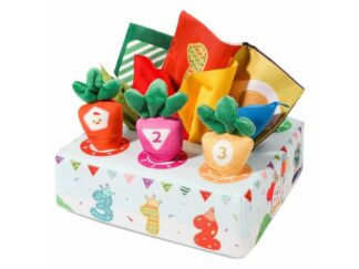 Cutie senzorială bebeluși cu șervețele și morcovi textili, jucărie educativă motricitate fină