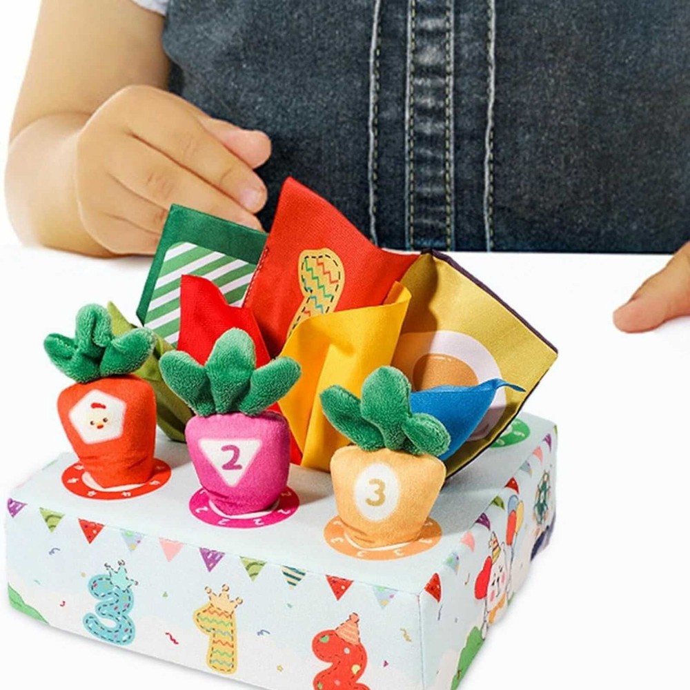 Cutie senzorială bebeluși cu șervețele și morcovi textili, jucărie educativă motricitate fină 5