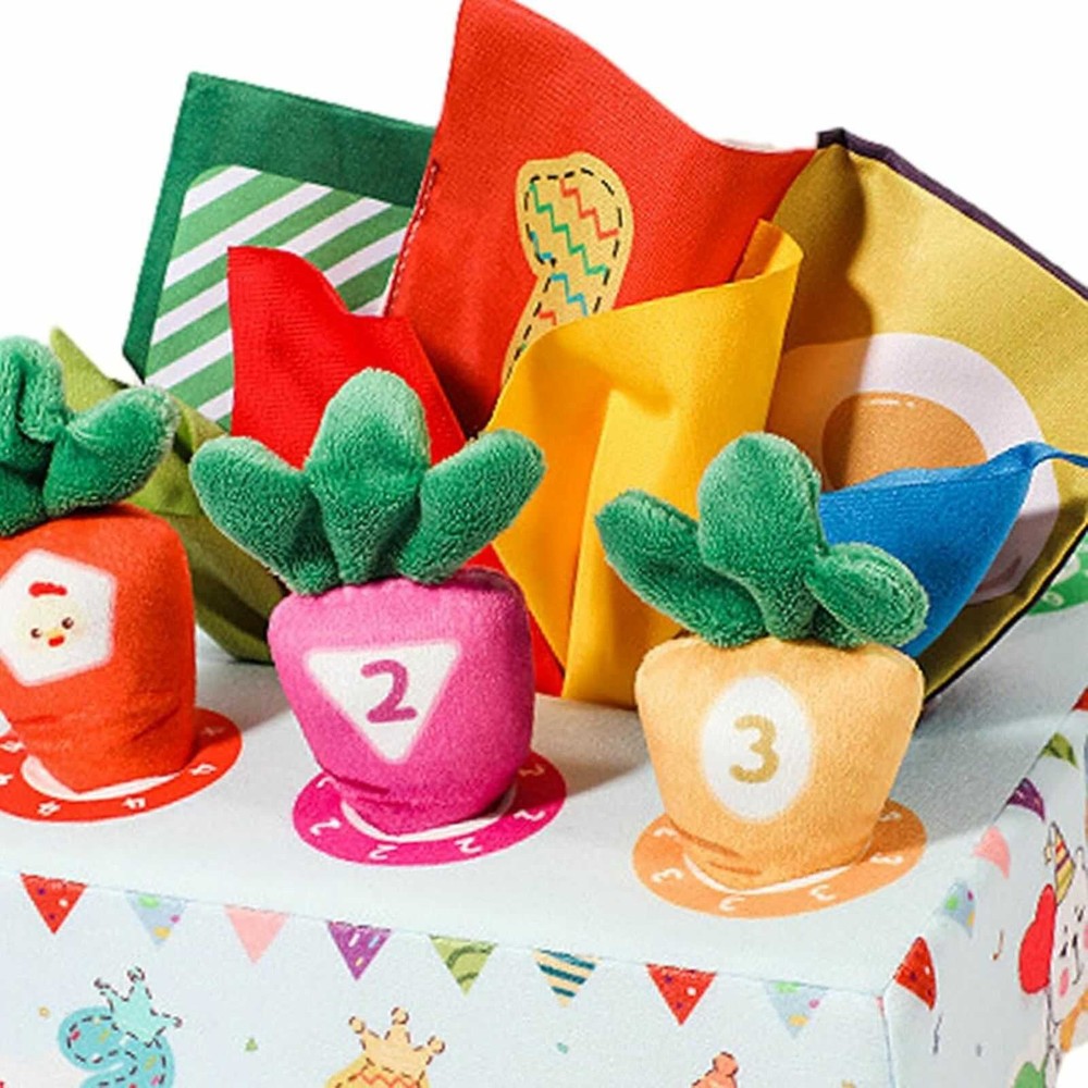 Cutie senzorială bebeluși cu șervețele și morcovi textili, jucărie educativă motricitate fină 6