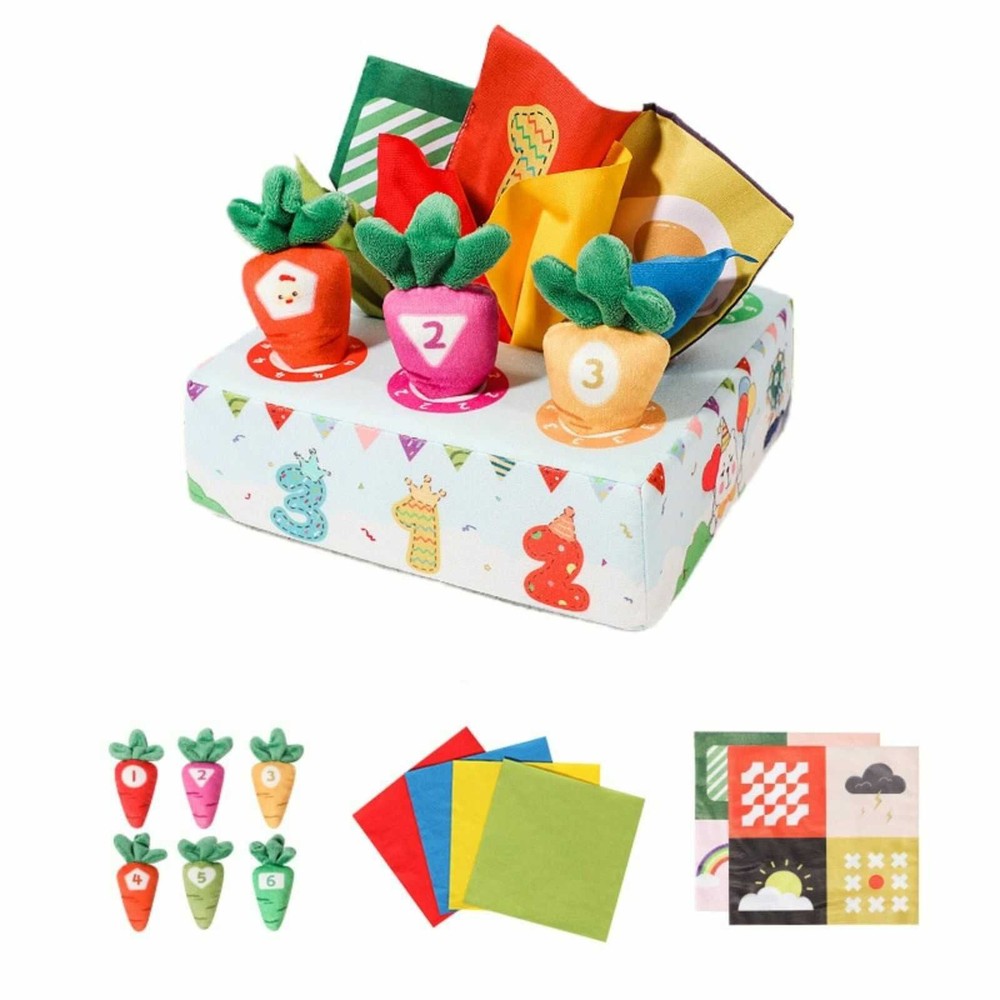 Cutie senzorială bebeluși cu șervețele și morcovi textili, jucărie educativă motricitate fină 7