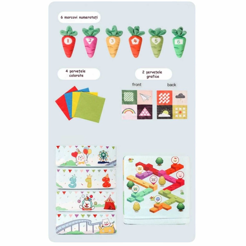Cutie senzorială bebeluși cu șervețele și morcovi textili, jucărie educativă motricitate fină 8