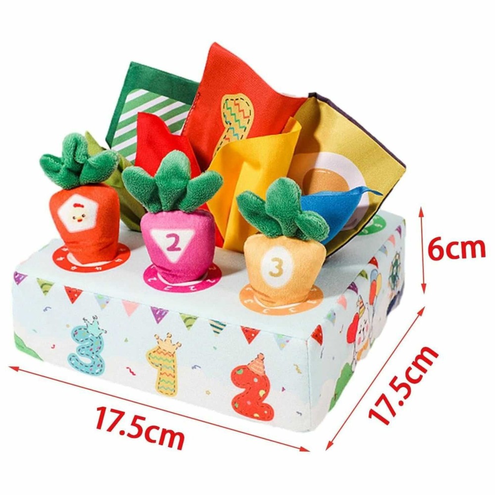 Cutie senzorială bebeluși cu șervețele și morcovi textili, jucărie educativă motricitate fină 9