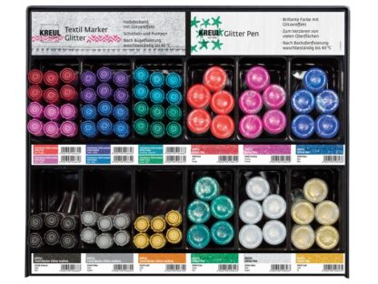 Display marker pentru textile Kreul Glitter și Glitter Pen