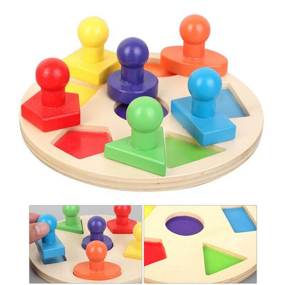 Forme geometrice și culori Puzzle Montessori, încastru din lemn cu mâner 3