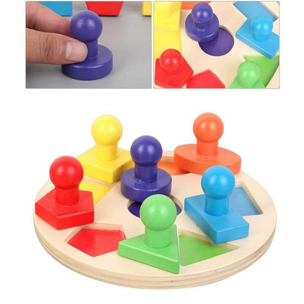 Forme geometrice și culori Puzzle Montessori, încastru din lemn cu mâner 4