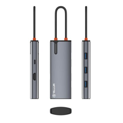 Hub USB-C Tellur, 1xPD 3.0 100W, 1xHDMI 4K, 3xUSB 3.0, aluminiu gri 12