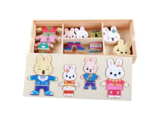 Îmbracă familia de Iepurași, Puzzle din Lemn, Joc de potrivire și Asociere