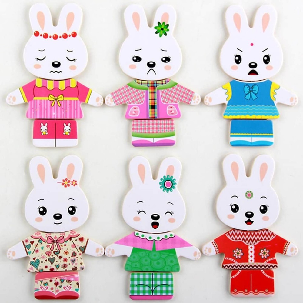 Îmbracă familia de Iepurași, Puzzle din Lemn, Joc de potrivire și Asociere 4