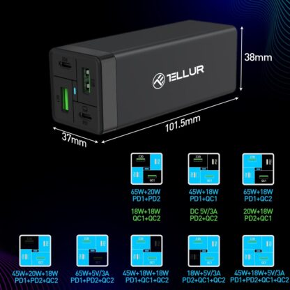 Încărcător priză Tellur PDHC2 65W (2xPD 2xQC3.0), EU,UK,US, negru 6