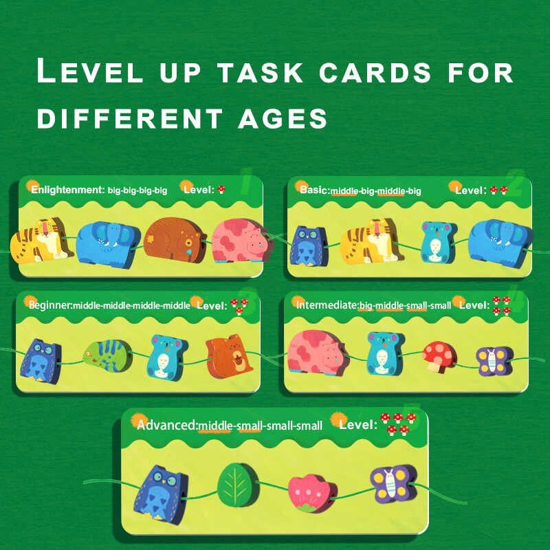 Joc de înșiruit animale din lemn, cu șiret, dezvoltarea motricității, îndemânării, creativității 4