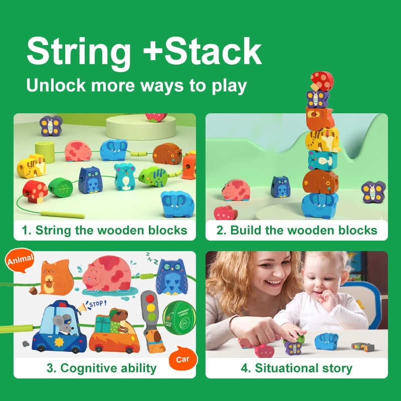 Joc de înșiruit animale din lemn, cu șiret, dezvoltarea motricității, îndemânării, creativității 5