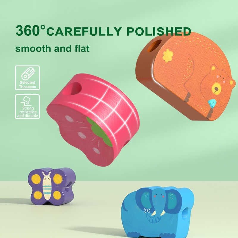 Joc de înșiruit animale din lemn, cu șiret, dezvoltarea motricității, îndemânării, creativității 7