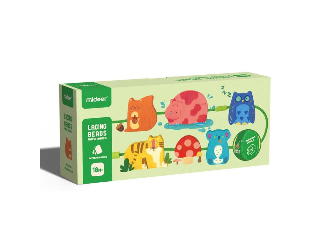 Joc de înșiruit animale din lemn, cu șiret, dezvoltarea motricității, îndemânării, creativității