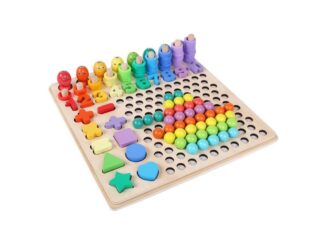 Joc lemn 6 în 1 cu cifre, forme geometrice, logaritmic cu stivuire piese, pescuit magnetic, îndemânare și sortare