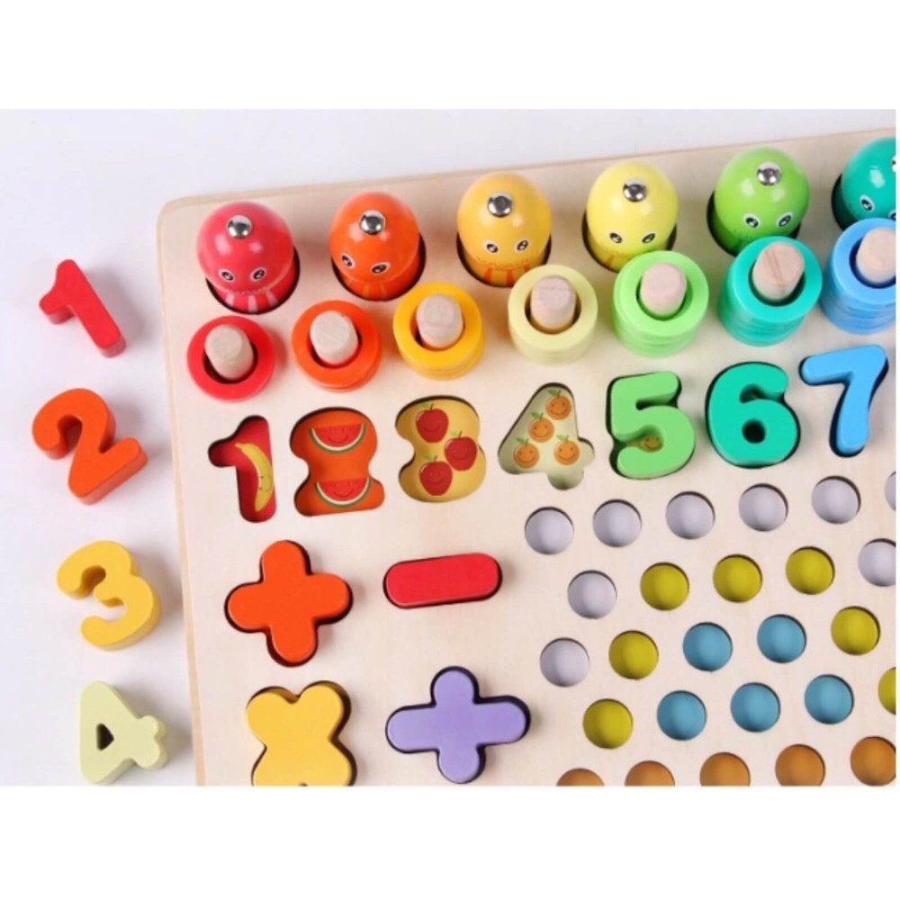 Joc lemn 6 în 1 cu cifre, forme geometrice, logaritmic cu stivuire piese, pescuit magnetic, îndemânare și sortare 4