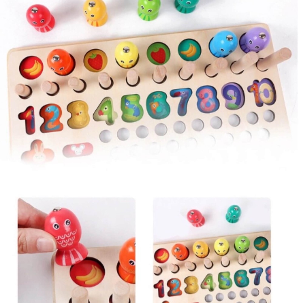 Joc lemn 6 în 1 cu cifre, forme geometrice, logaritmic cu stivuire piese, pescuit magnetic, îndemânare și sortare 6