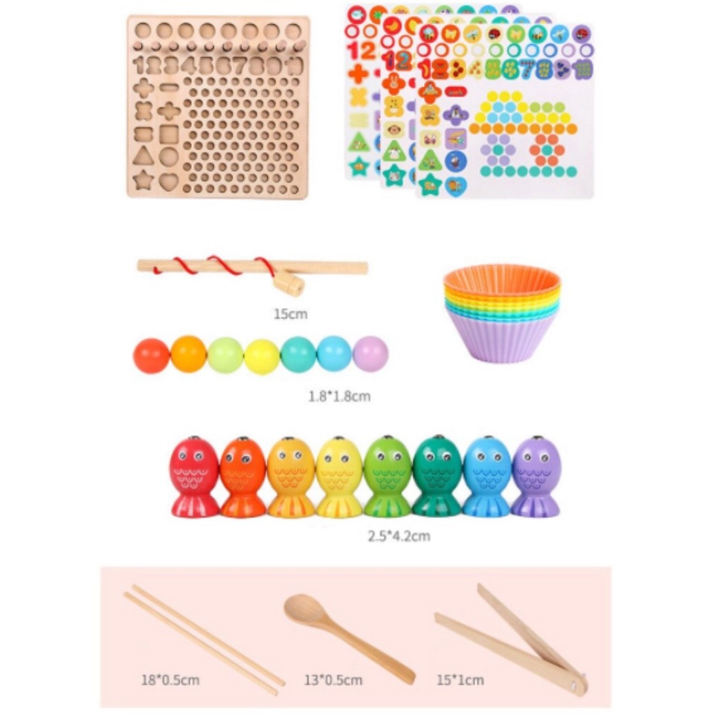 Joc lemn 6 în 1 cu cifre, forme geometrice, logaritmic cu stivuire piese, pescuit magnetic, îndemânare și sortare 7