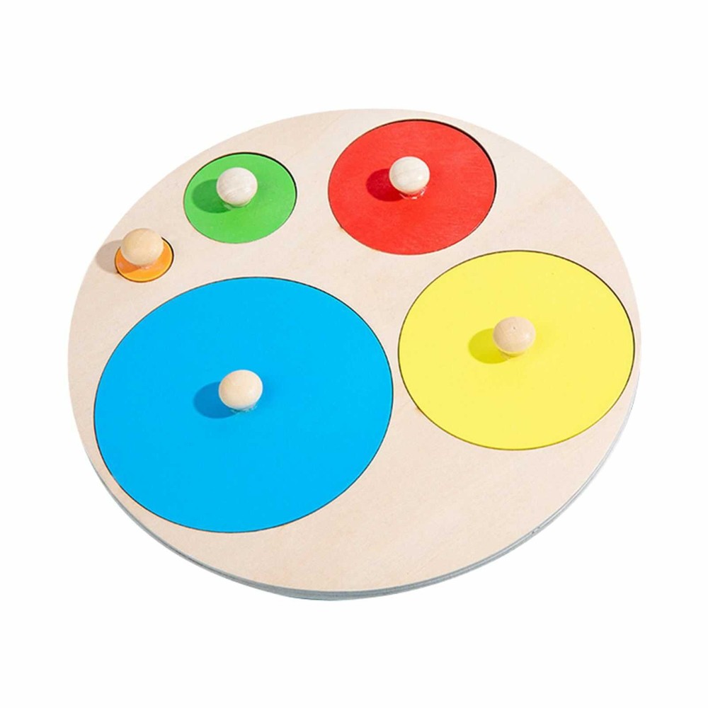 Joc lemn Montessori, Puzzle 5 cercuri cu mâner, Încastru, 20 cm 2