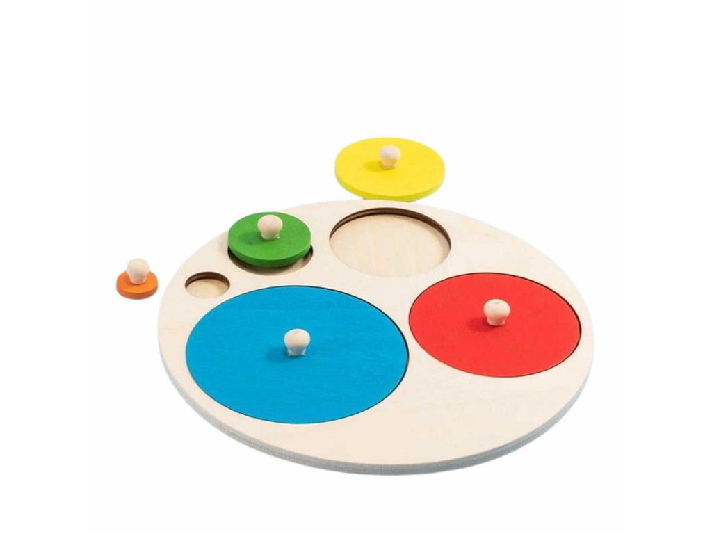 Joc lemn Montessori, Puzzle 5 cercuri cu mâner, Încastru, 20 cm