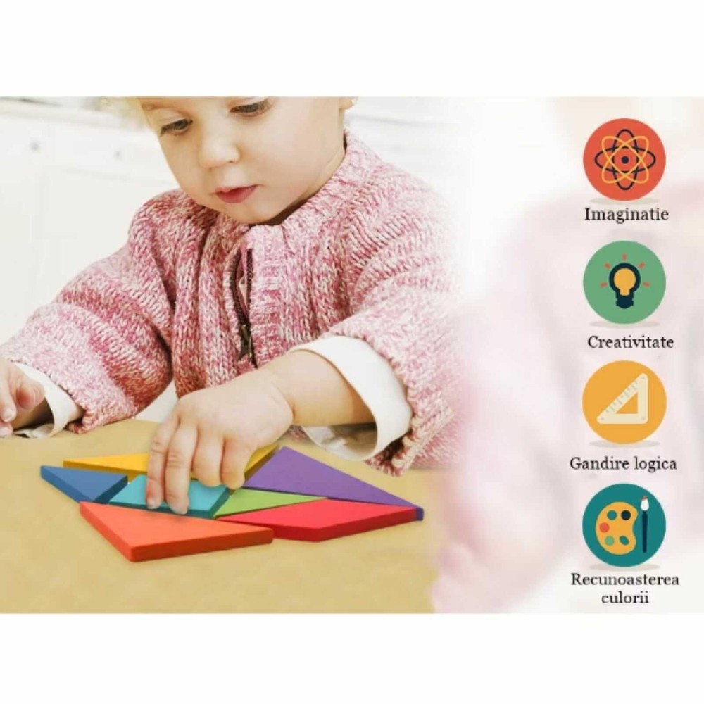 Joc Tangram 7 piese din lemn, Puzzle educativ pentru copii 3 ani+ 2