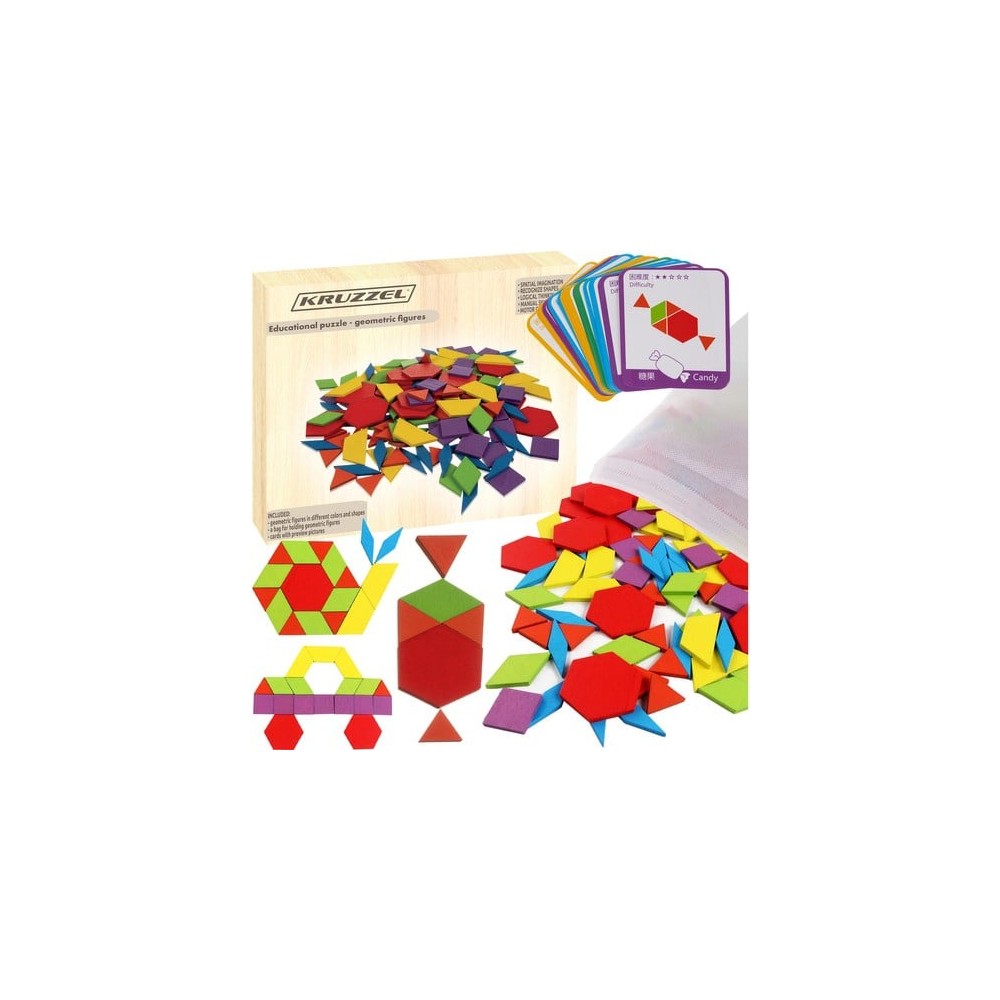 Joc Tangram din lemn, 155 piese geometrice, 24 cartonașe, sac depozitare piese, puzzle 3